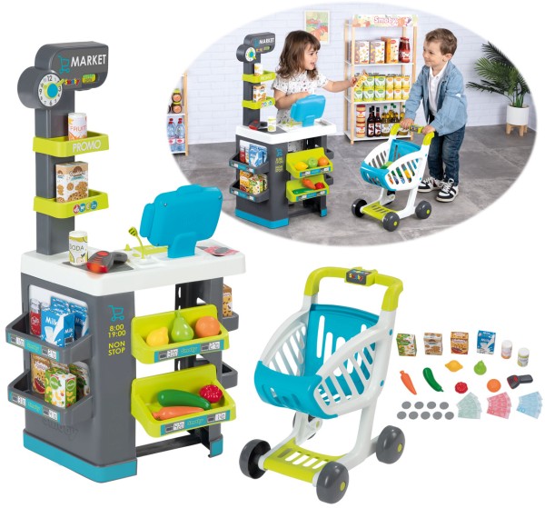 Supermarkt mit Einkaufswagen und Zubehör (Grau-Grün)
