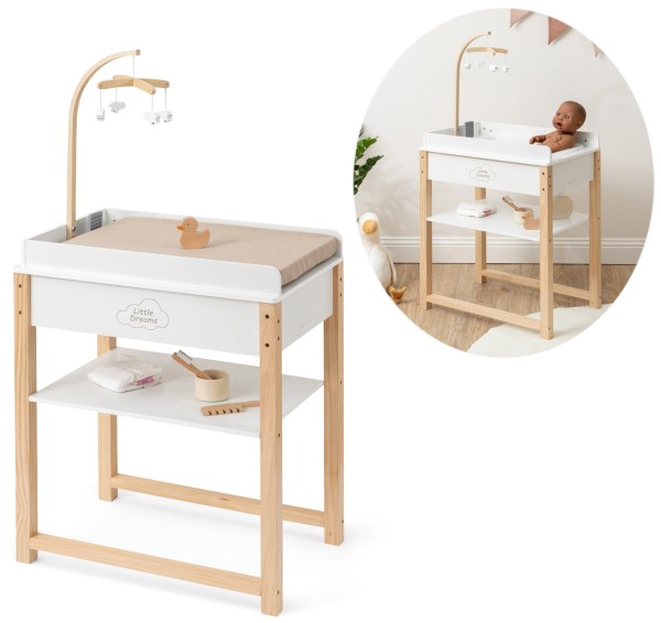 Puppenwickeltisch SPLASHY mit Badewanne und Mobile aus Holz (Weiß-Schlamm)