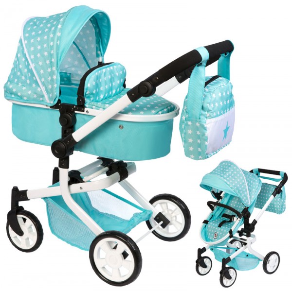 Puppenwagen Mika 2in1 Sternchen mit Wickeltasche (Minttürkis-Weiß)