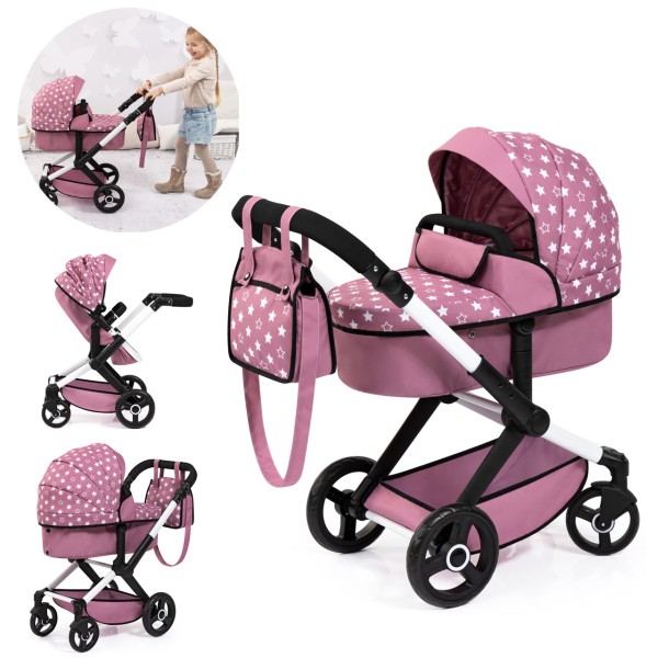 Puppenwagen Xeo mit Wickeltasche Sternchen (Altrosa)