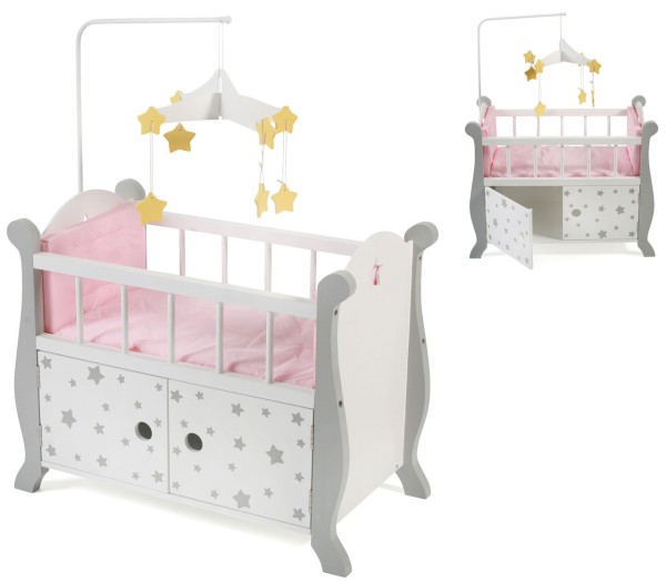 Puppenbett mit Mobile Stars (Weiß-Grau)