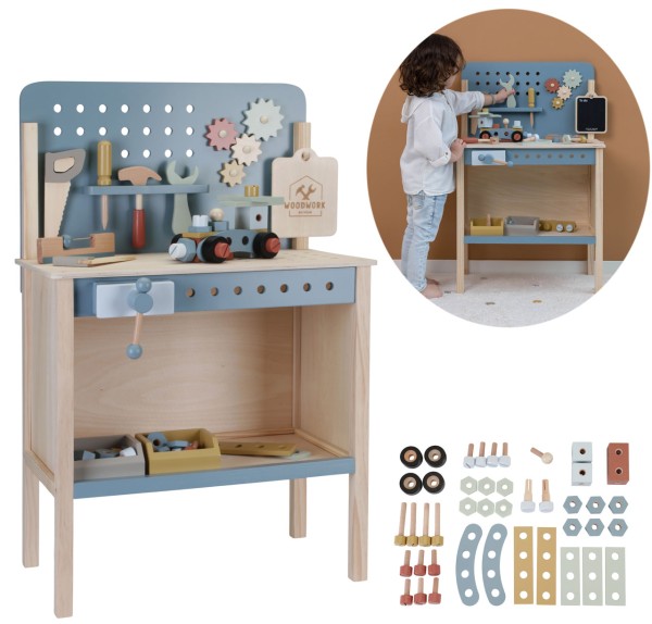 Werkbank aus Holz mit Zubehör (Blau)