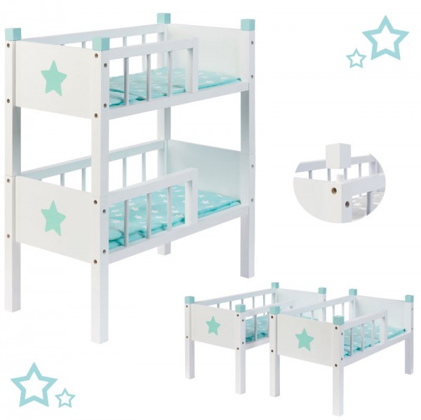 Puppenetagenbett Sternchen aus Holz mit 2 Betten Stapelbar (Weiß-Mint)