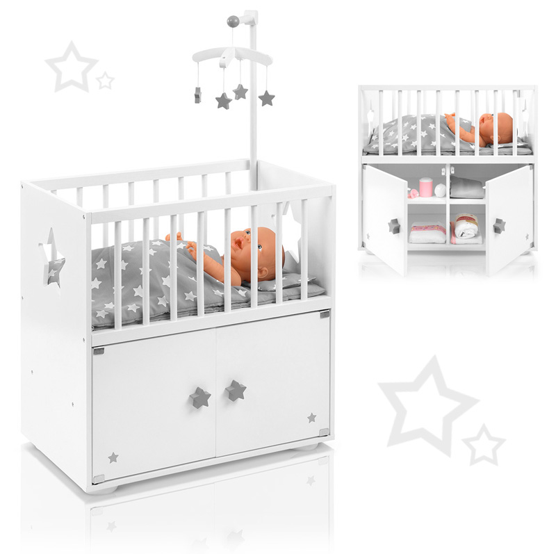️ SUN® Puppenbett mit Schrank und Mobile Sternchen (Weiß-Grau