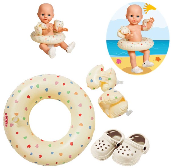 Puppen-Schwimmset Herz Konfetti mit Schwimmring, Schwimmflügeln und Clogs Gr. 35-45 cm