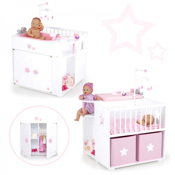 Großes Puppenpflegecenter 5in1 Sternchen aus Holz (Weiß-Rosa)
