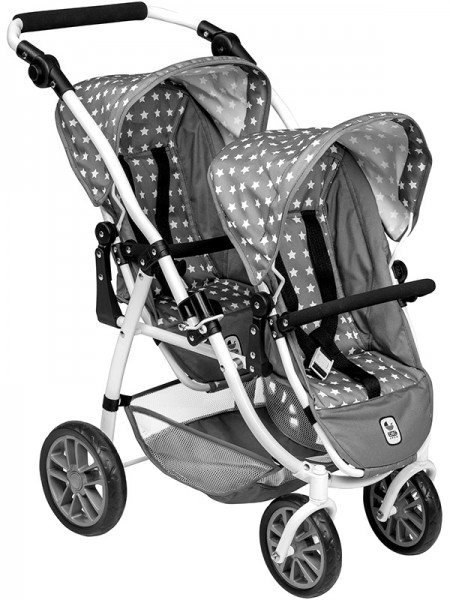 Zwillingspuppenwagen Tandem-Buggy Vario Sternchen (Grau-Weiß)