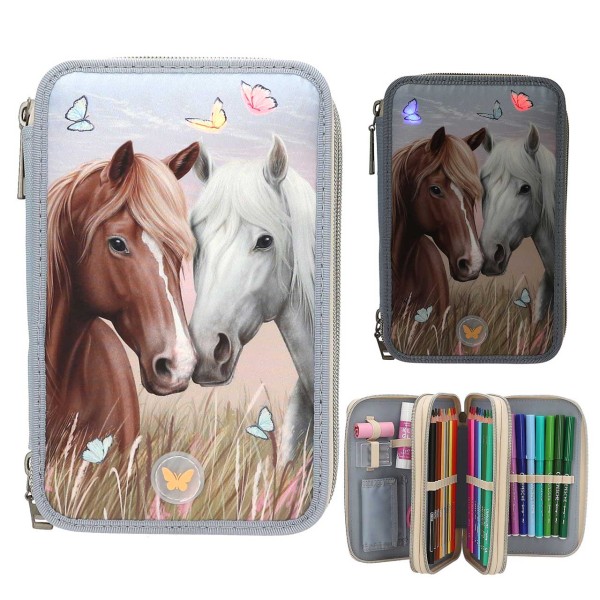 Miss Melody 3 Fach Federtasche LED (Hellblau-Beige)