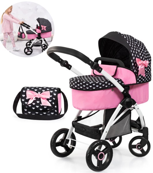 Puppenwagen City Max Herzchen mit Wickeltasche (Schwarz-Rosa)