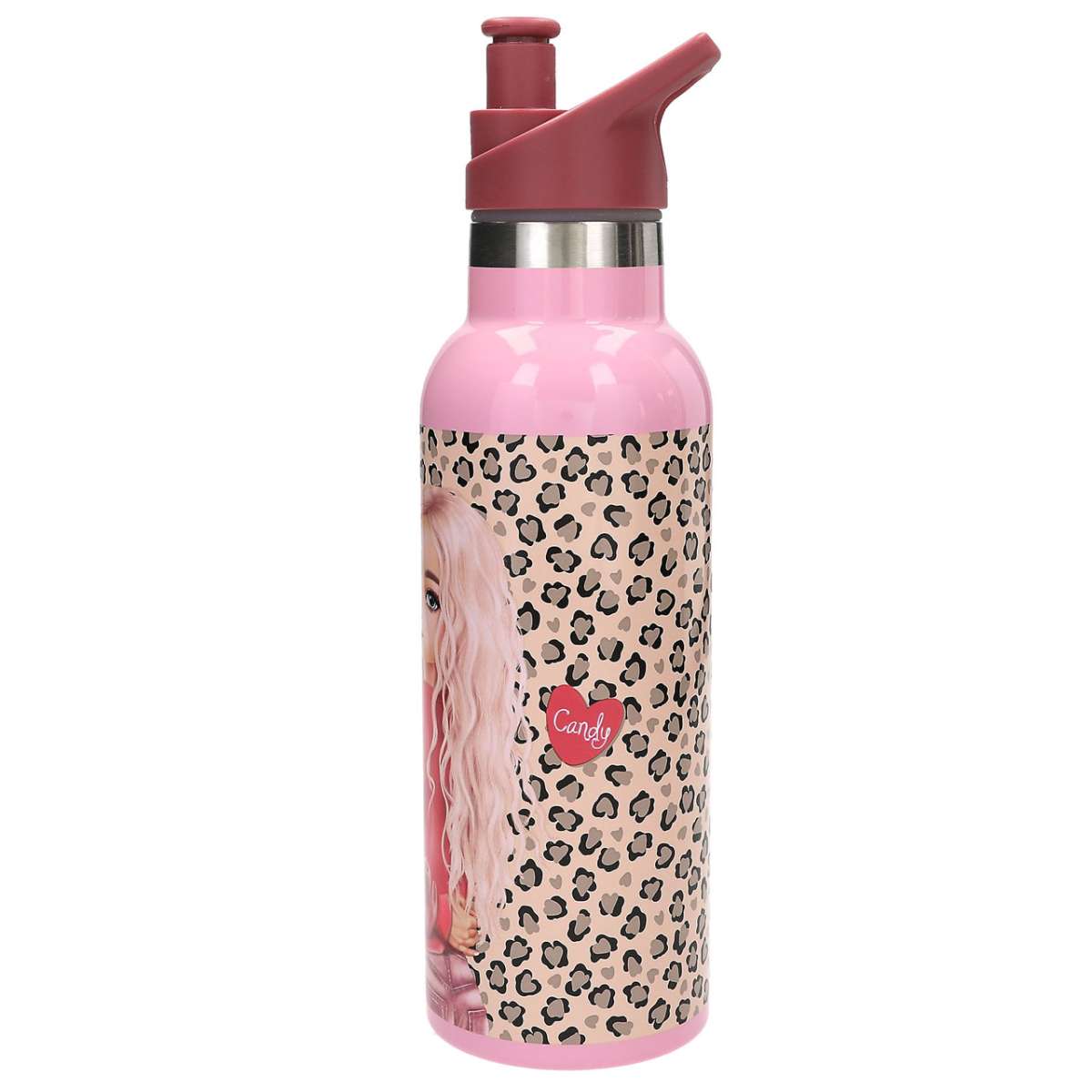Isolierte Edelstahl-Trinkflasche 600 Ml – Mit Strohhalm, Auslaufsicher, Design Rosa Leopard & Gold Gepard, Für Sport & Schule