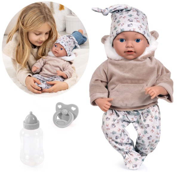 Reborn Babypuppe 38 cm mit Schnuller und Fläschchen (Grau-Braun)