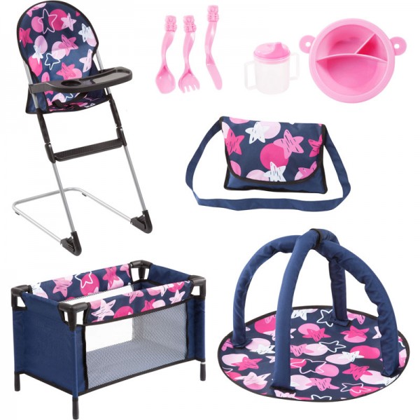 Puppenzubehör-Set Travel mit Reisebett und Hochstuhl (Blau-Pink)