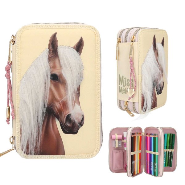 Miss Melody 3 Fach Federtasche mit Pferdekopf Applikation (Hellgelb)