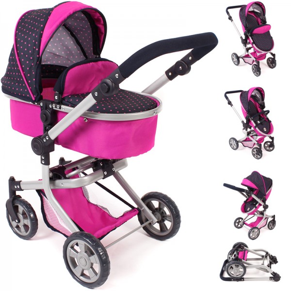 Puppenwagen Mika 2in1 (Dots Navy-Pink)