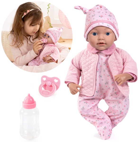Reborn Babypuppe 38 cm mit Schnuller und Fläschchen (Rosa)