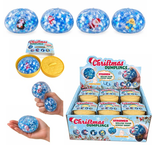 Squishy Dumplings Christmas mit Gel, Schneeflocken & Weihnachtsfigur 9 cm