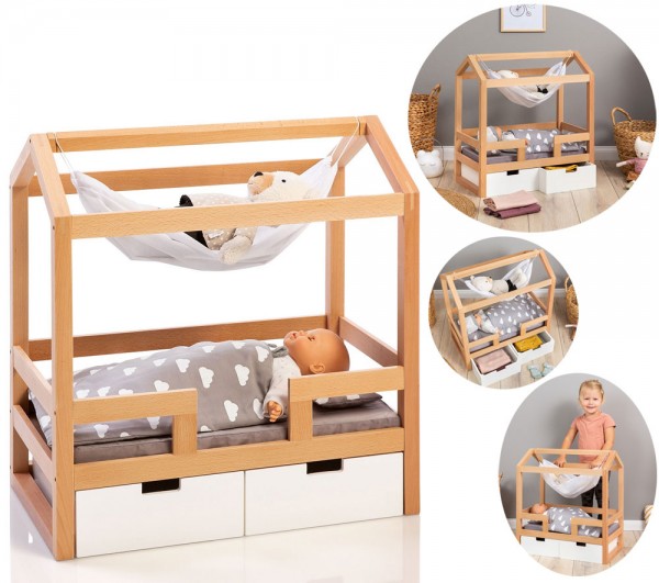 Puppen-Hausbett Barlia mit Hängematte (Natur-Weiß)
