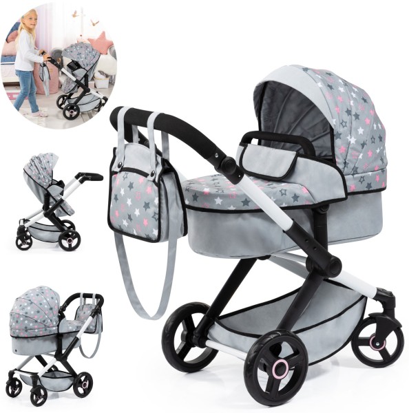 Puppenwagen Xeo mit Wickeltasche Sternchen (Grau)