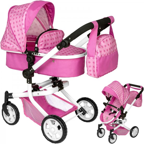 Puppenwagen Mika 2in1 Sternchen mit Wickeltasche (Rosa-Pink)