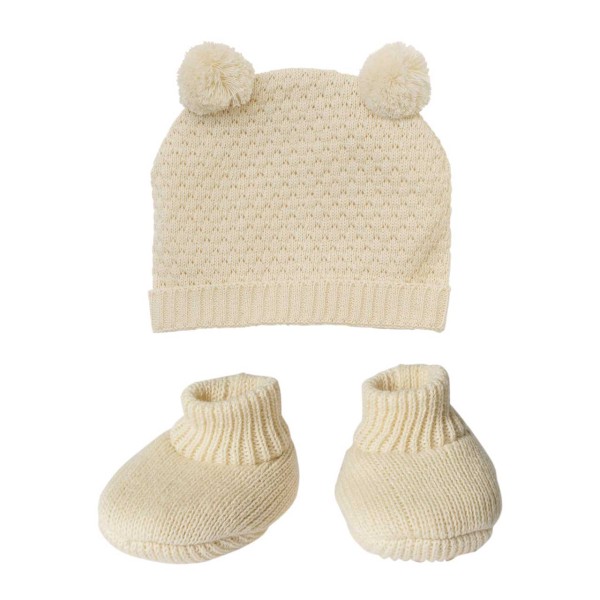 Puppenkleidung Puppen-Strickset mit Bommelmütze und Strickschuhen Gr. 35-45 cm (Ecru)