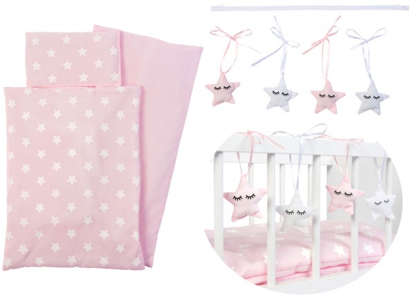 3-teiliges Puppenbettzeug Sternchen mit Sternenkette (Rosa-Weiß)