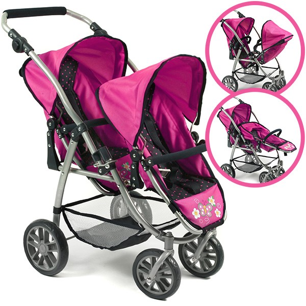 Zwillingspuppenwagen Tandem-Buggy Vario (Dots Navy-Pink)