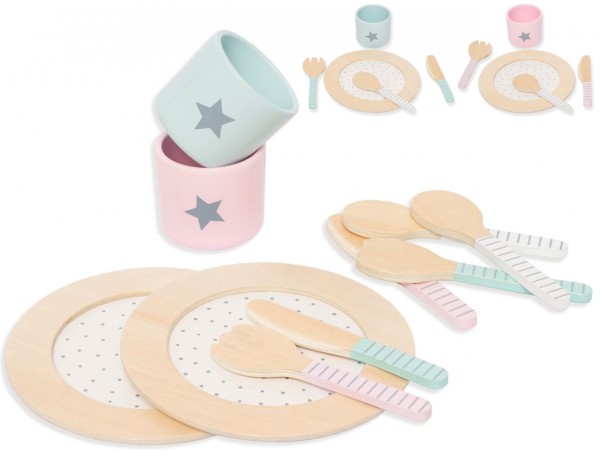 Ess-Geschirr-Set aus Holz für Spielküche (Pastell)