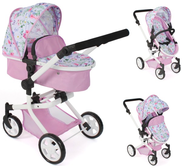 Puppenwagen Mika 2in1 Flowers (Rosa-Bunt)