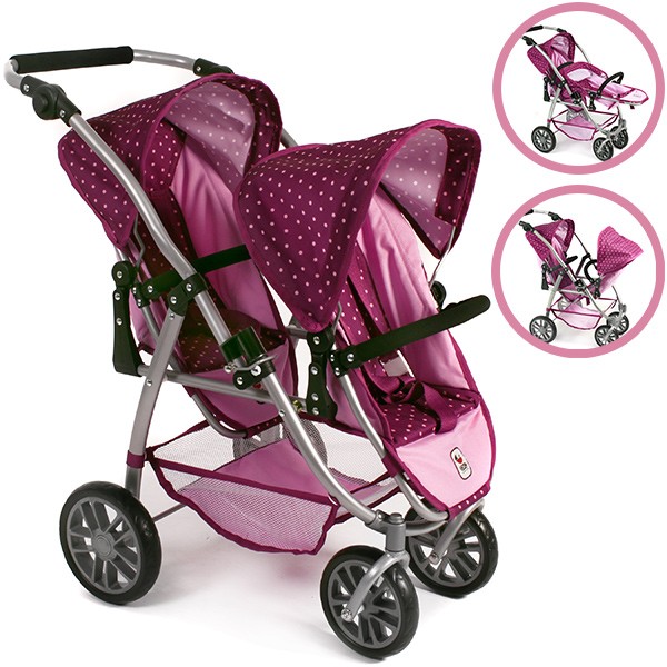 Zwillingspuppenwagen Tandem-Buggy Vario (Dots Brombeere)
