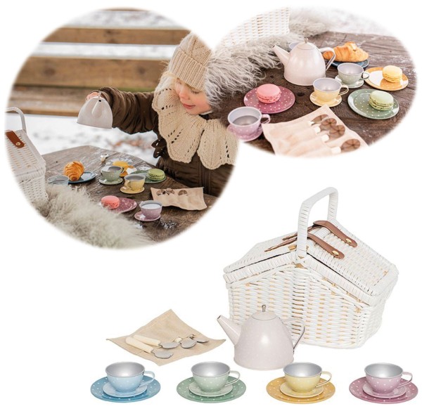 Picknick-Korb mit Teeservice aus Zinn (Weiß-Bunt)