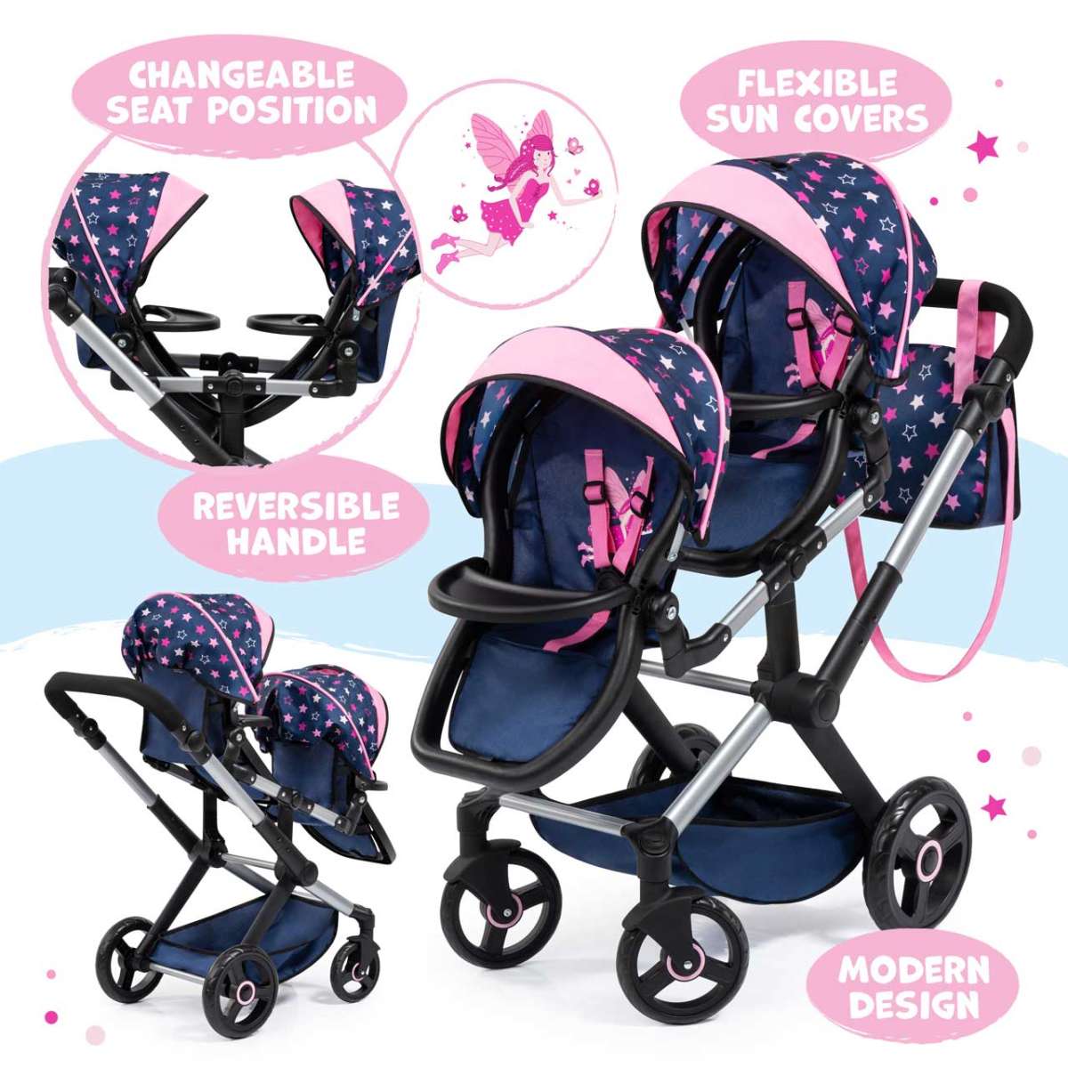 Knorrtoys Zwillingspuppenwagen Big Twin - Praktischer Doppelpuppenwagen In Star Blue Pink