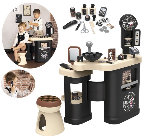 Barber Shop mit 3 Spielbereichen und Zubehör (Beige-Schwarz)