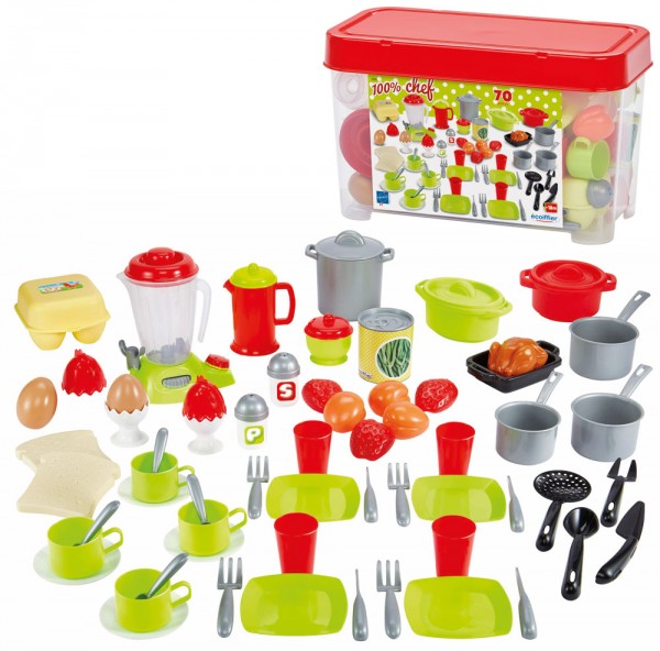Große Box mit Geschirr-Set, Mixer und Zubehör für Spielküche