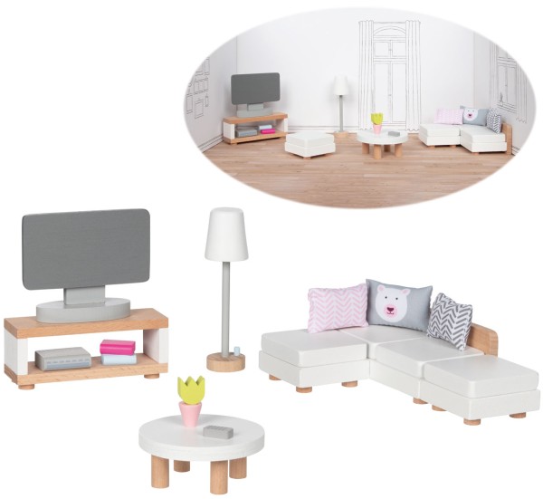 Puppenhausmöbel Style Wohnzimmer (Natur-Weiß)
