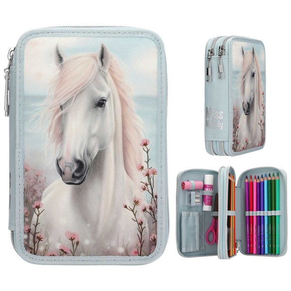 Miss Melody 2 Fach Federtasche mit Pferde-Motiv (Blasses Hellblau)