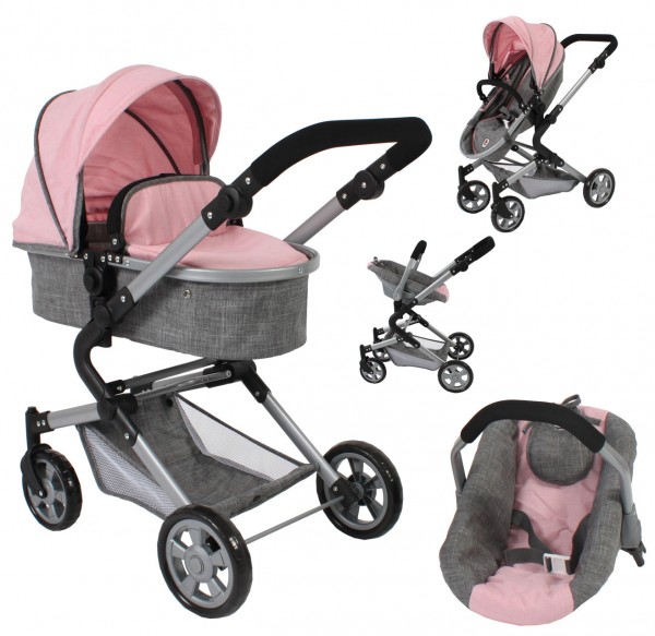 Puppenwagen Lia Kombiwagen 3in1 mit Autositz (Melange Grau-Rosa)