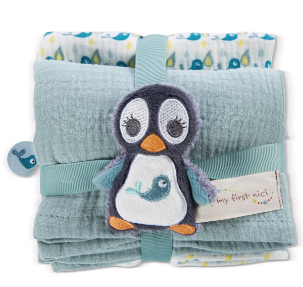 Mulltuch 2er Set mit Greifling Pinguin Watschili (Blau-Grau)