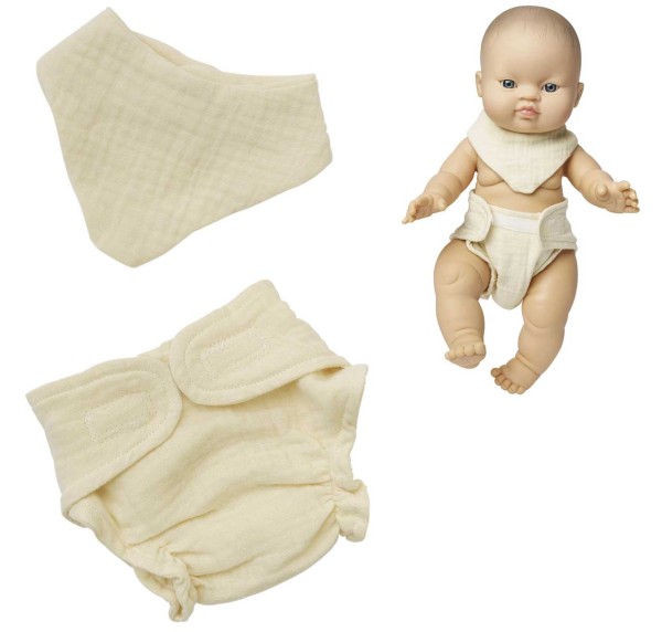 Puppenkleidung Musselin-Babyset mit Stoffwindel und Lätzchen Gr. 35-45 cm (Ecru)