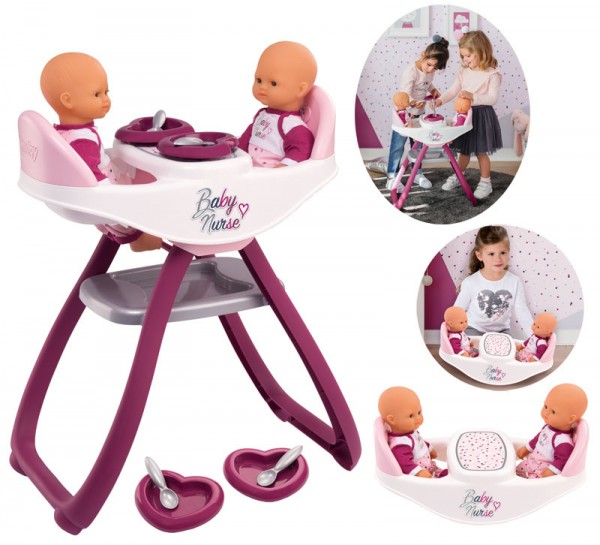 Baby Nurse Zwillingspuppen-Hochstuhl und Wippe 2in1 (Brombeere-Rosa)