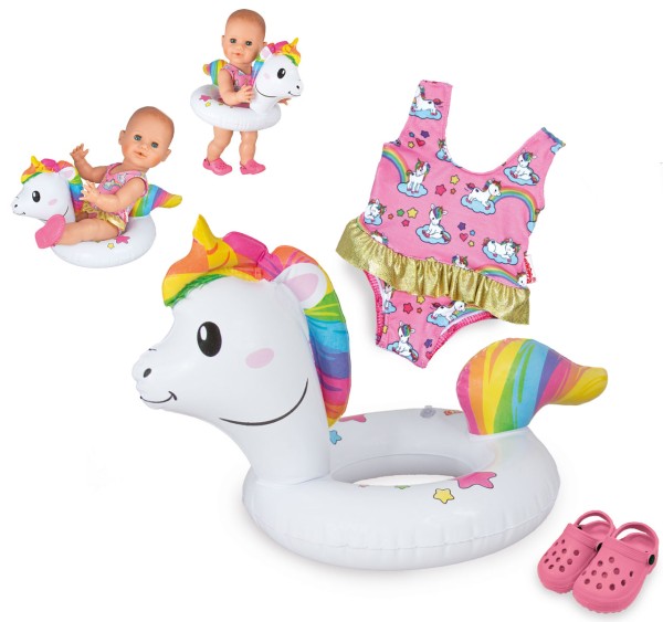 Puppenschwimm-Set Einhorn Henri mit Badeanzug und Clogs (Weiß-Bunt)