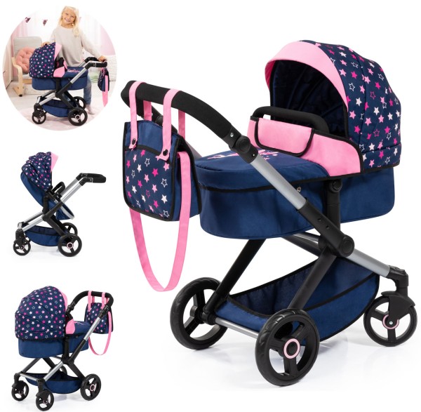 Puppenwagen Xeo mit Wickeltasche Sternchen (Blau-Pink)