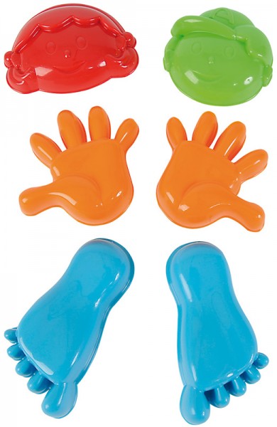 Netz mit 6 Sandformen Hand, Fuß und Gesicht (Bunt)