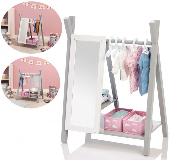 Puppenschrank Barlia mit Spiegel (Grau-Weiß)