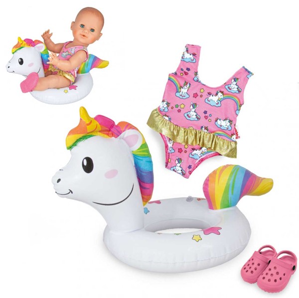 Puppenschwimm-Set Einhorn Henri mit Badeanzug und Clogs Gr. 28-35 cm (Weiß-Bunt)