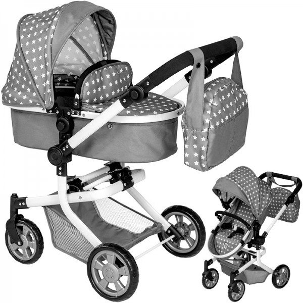 Puppenwagen Mika 2in1 Sternchen mit Wickeltasche (Grau-Weiß)