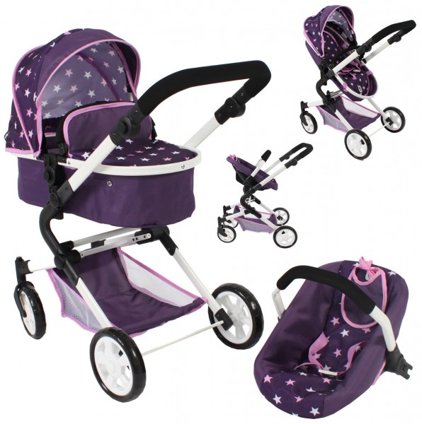 Puppenwagen Lia Kombiwagen 3in1 mit Autositz (Stars Lila)