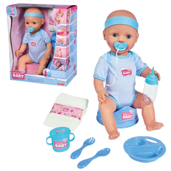 New Born Baby Puppe Junge mit Funktionen und Schlafaugen 43 cm (Blau)