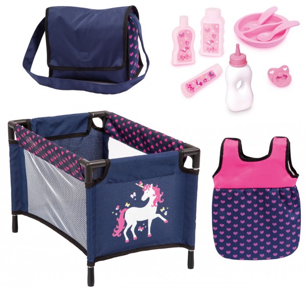 Puppenzubehör Set mit Reisebett, Schlafsack und Accessoires (Blau-Pink)