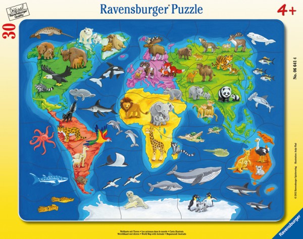 Rahmenpuzzle Weltkarte mit Tieren mit 30 Teilen