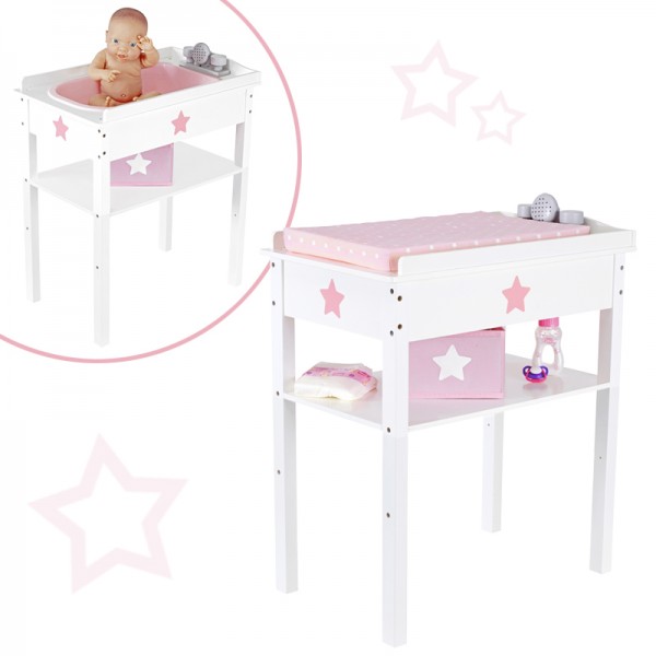 Puppenwickeltisch Bade- & Wickelkombi 2in1 Sternchen aus Holz (Weiß-Rosa)